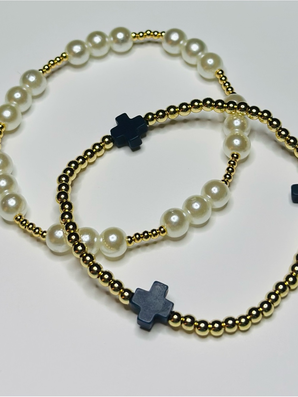 BramFam Beads gold filled Pearl & Gold Beaded Bracelet with Navy Cross Accent